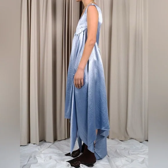 Collina Strada Dara Light Blue Satin Midi Dress Drapey Asymmetric Avant Garde - Picture 6 of 16